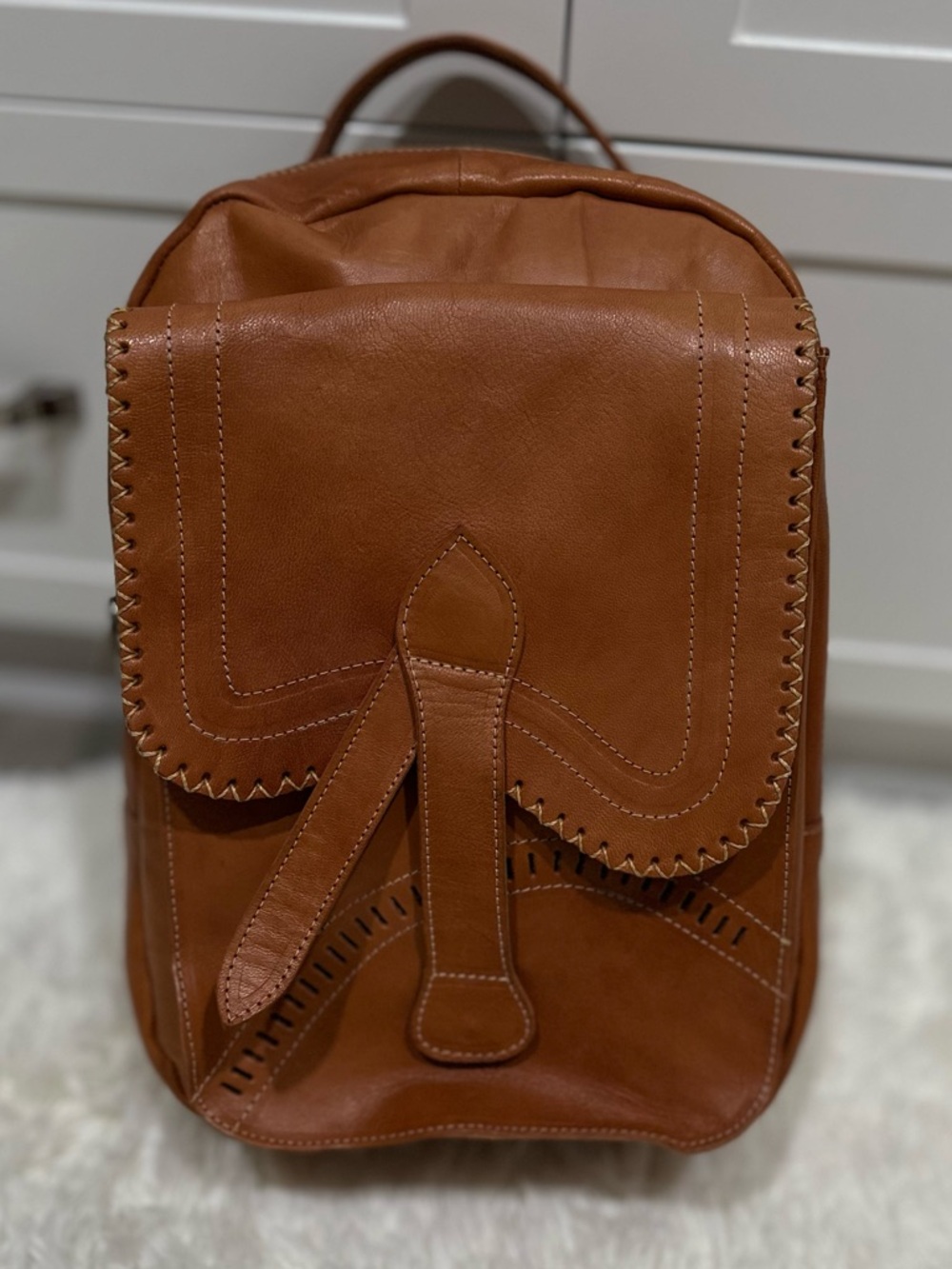 Handcrafted Genuine Leather Backpack Cognac Brown Boho Artisan Style